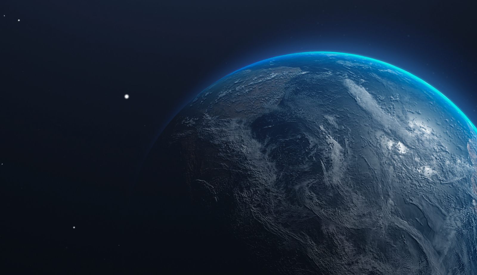 Vista approssimativa della Terra dallo spazio, con superficie e atmosfera in evidenza rispetto all'oscurità dello spazio