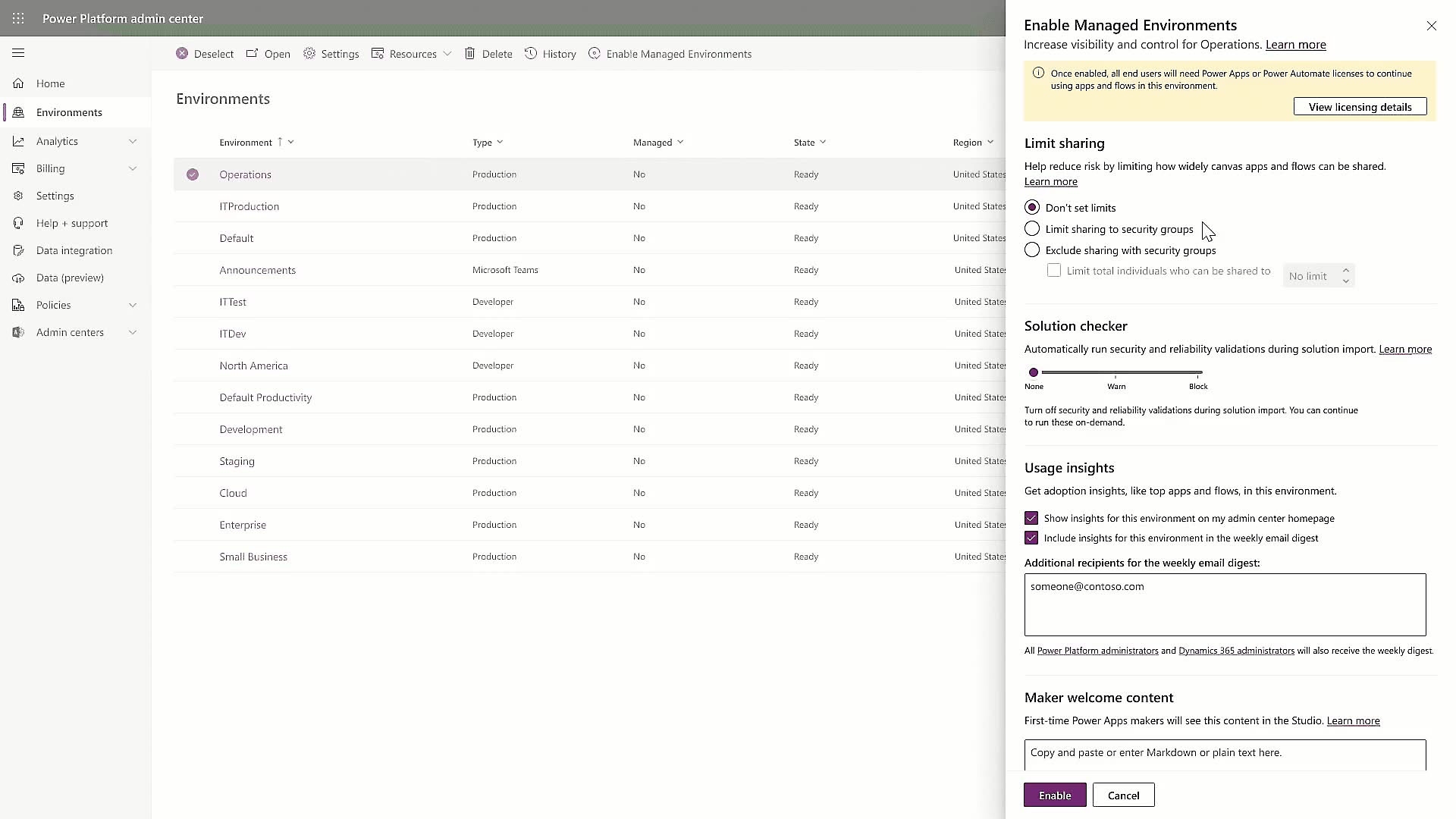 A view of Environments in Power Platform Admin Center