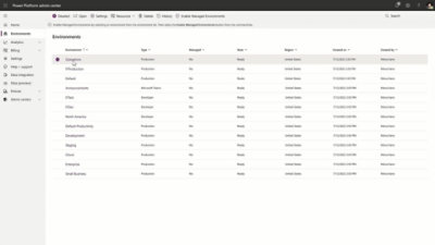A view of Environments in Power Platform Admin Center