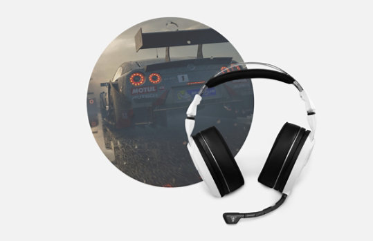 Front view of the Turtle Beach Elite Pro 2 headset in white in front of a circle-cropped image of a blue video-game racecar.