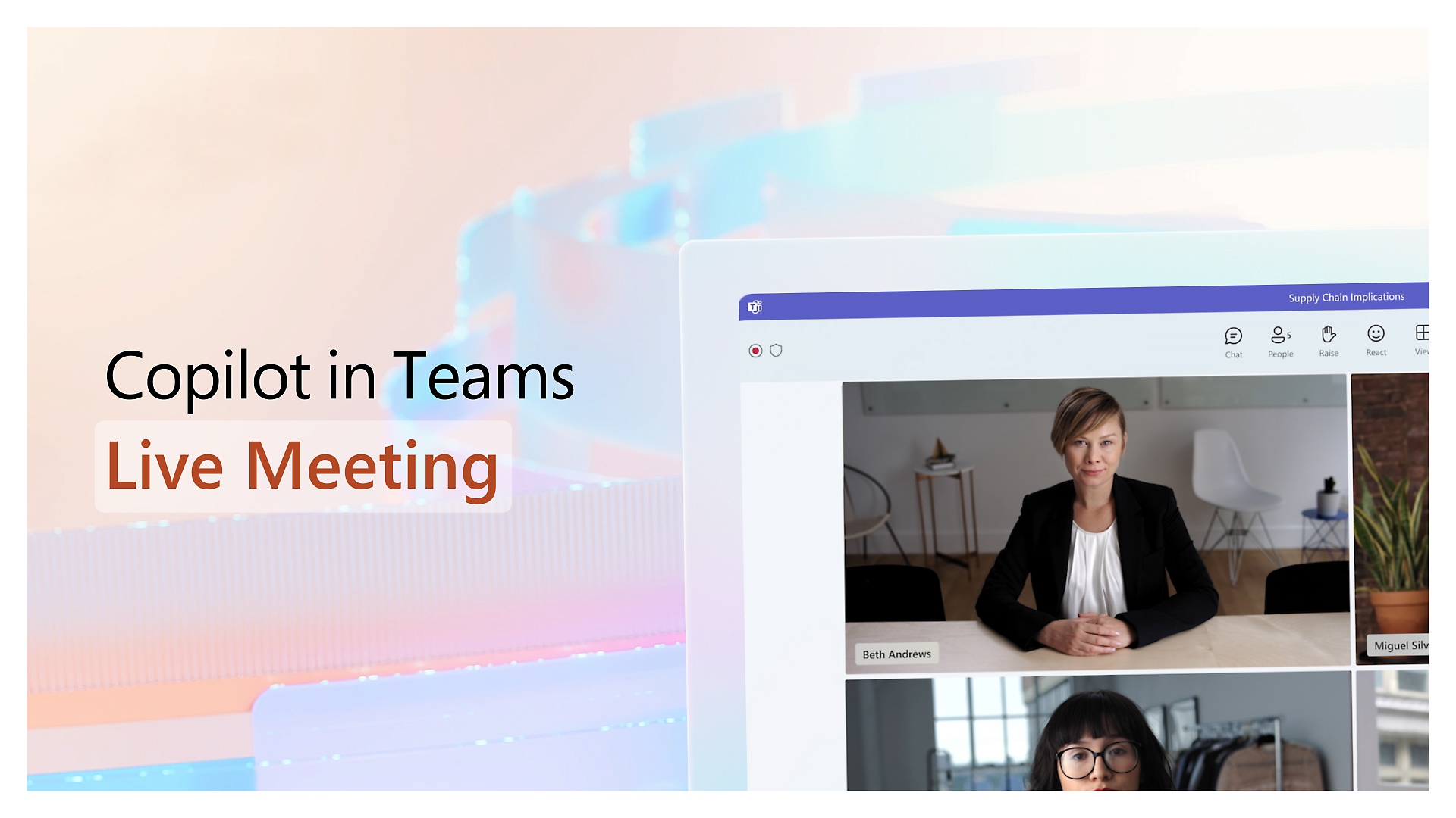Groupe de personnes participant à un appel vidéo Teams avec la mention Copilot dans une réunion en direct Teams.