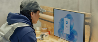 A woman using a computer.