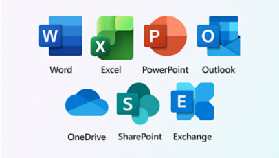 Logos of seven different Microsoft 365 apps: Word, Excel, PowerPoint, Outlook, OneDrive, SharePoint, and Exchange.