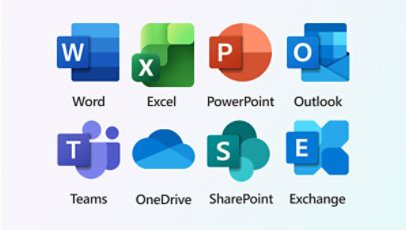 Logos of eight different Microsoft 365 apps: Word, Excel, PowerPoint, Outlook, Teams, OneDrive, SharePoint, and Exchange.