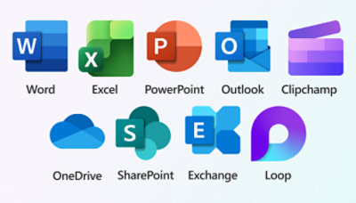 Logos of nine different Microsoft 365 apps: Word, Excel, PowerPoint, Outlook, Clipchamp, OneDrive, SharePoint, Exchange, and Loop.