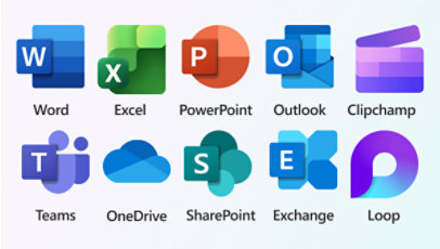 Logos of ten different Microsoft 365 apps: Word, Excel, PowerPoint, Outlook, Clipchamp, Teams, OneDrive, SharePoint, Exchange, and Loop.