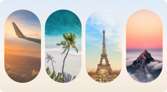 4 views from airplane windows: an airplane tail, a palm tree, the Eiffel Tower, a mountain in clouds