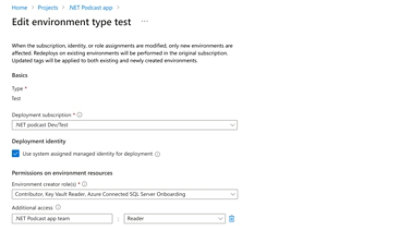 An environment type test being edited to maximize security