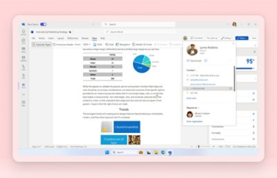 A digital document displayed on a computer screen features a pie chart and text, with a sidebar showing contact details 