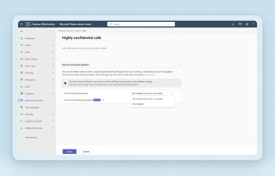  Microsoft Teams admin center, displaying settings for configuring end-to-end encryption for highly confidential calls encryption.
