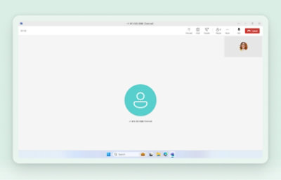 A virtual conference call screen showing a phone number and avatar icon. Options for video, audio, chat
