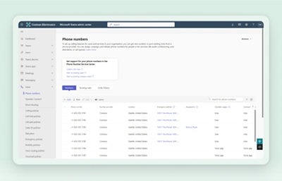 Screenshot of the Microsoft Teams Admin Center showing the Phone numbers page, listing numbers, providers