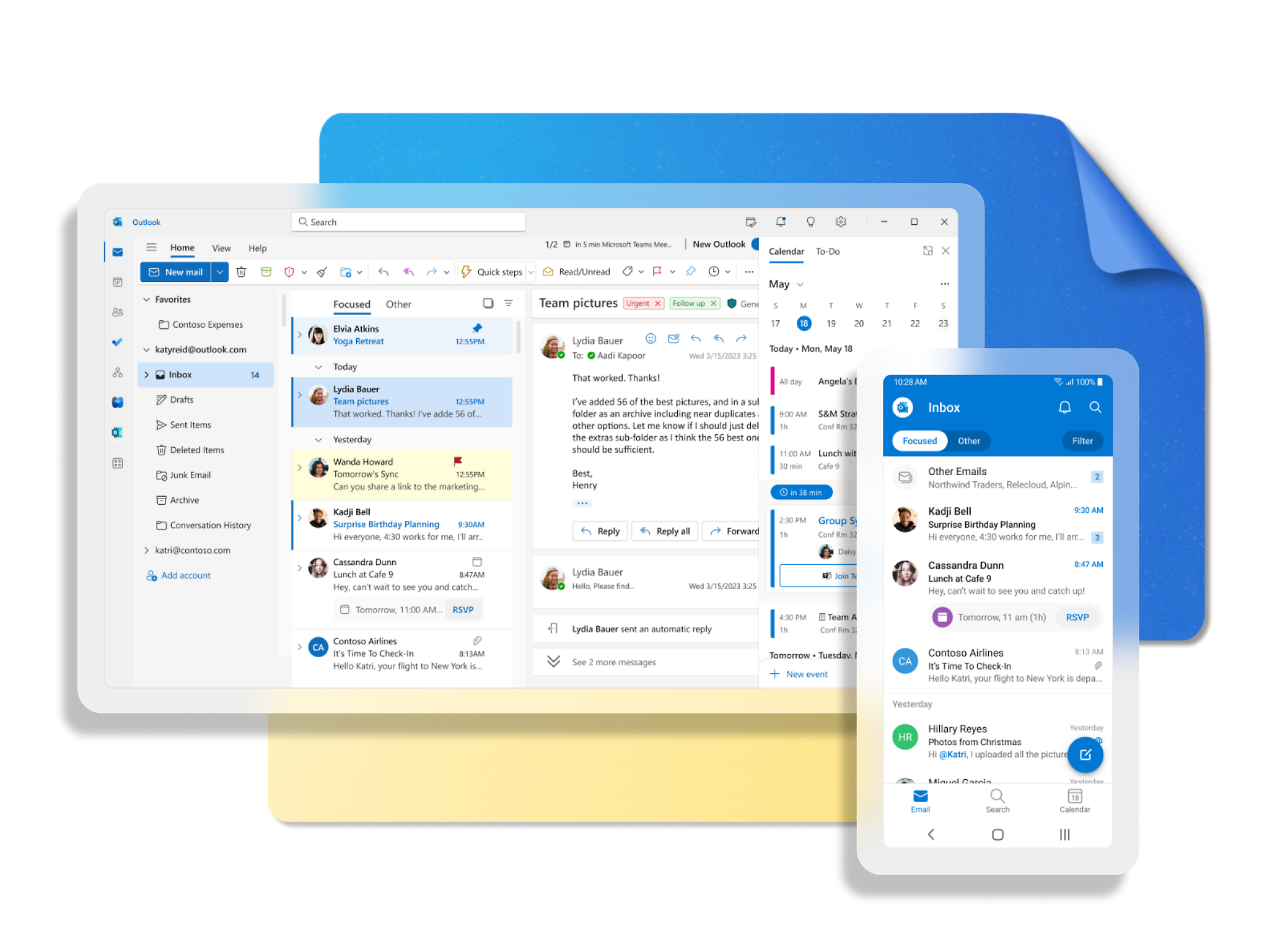 Capturas de tela de telas de desktop e dispositivos móveis mostrando uma caixa de entrada do Outlook