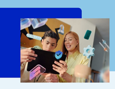 A woman and a kid looking in the tablet with graphics depicting various icons overlap