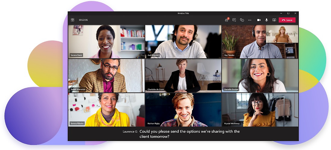 Een Teams-gesprek met 10 deelnemers die de functie voor liveondertitels gebruiken.