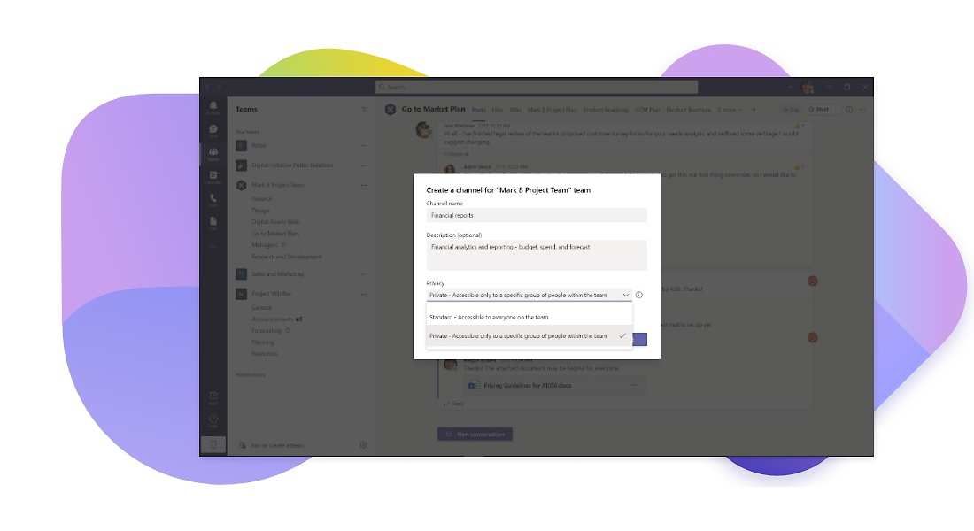 A new channel being created in Microsoft Teams.