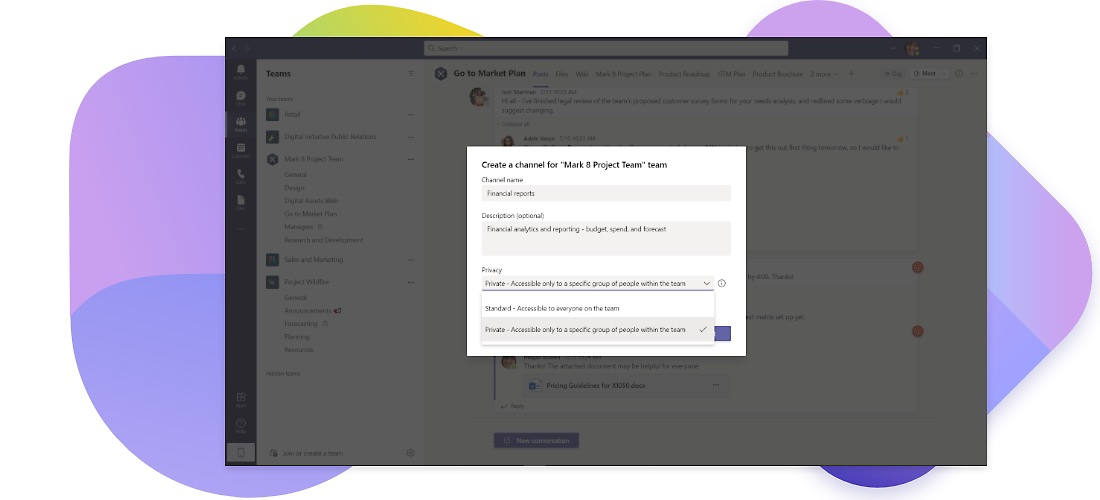 A new channel being created in Microsoft Teams.