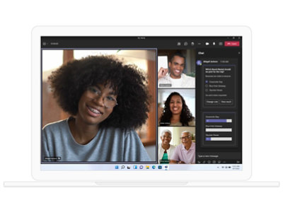 A family on a Teams video call using the poll function in the chat to decide what rental house to choose for a family vacation.