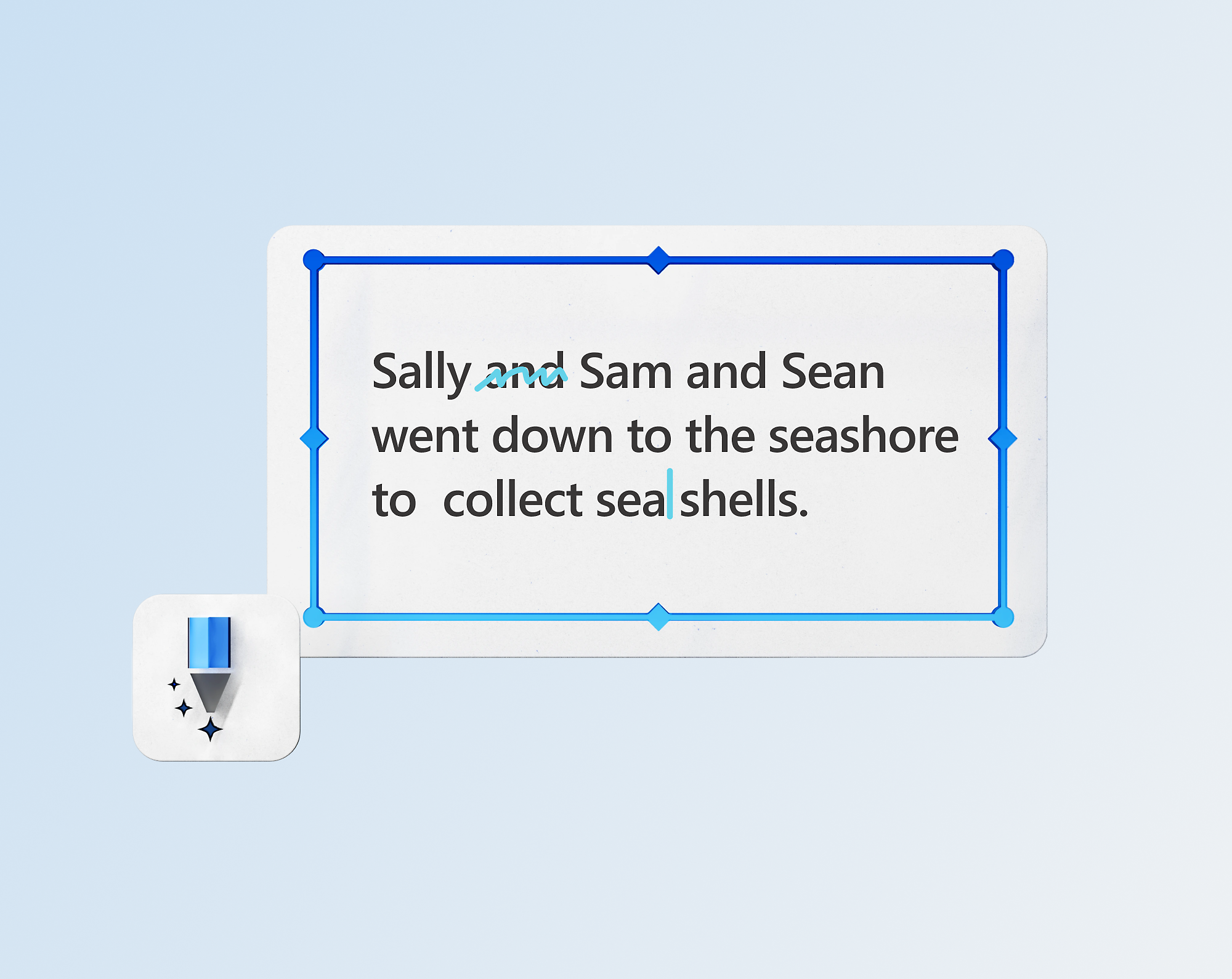 Speech bubble-shaped graphic with text sally and sam and sean went down to the seashore to collect sea shells