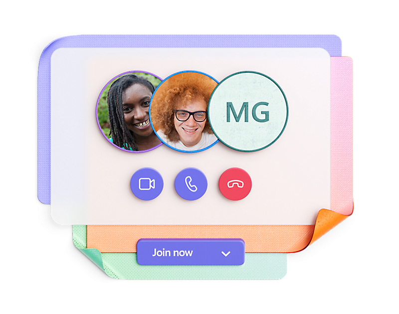 Graphic representation of a digital meeting interface with profile pictures and communication icons.
