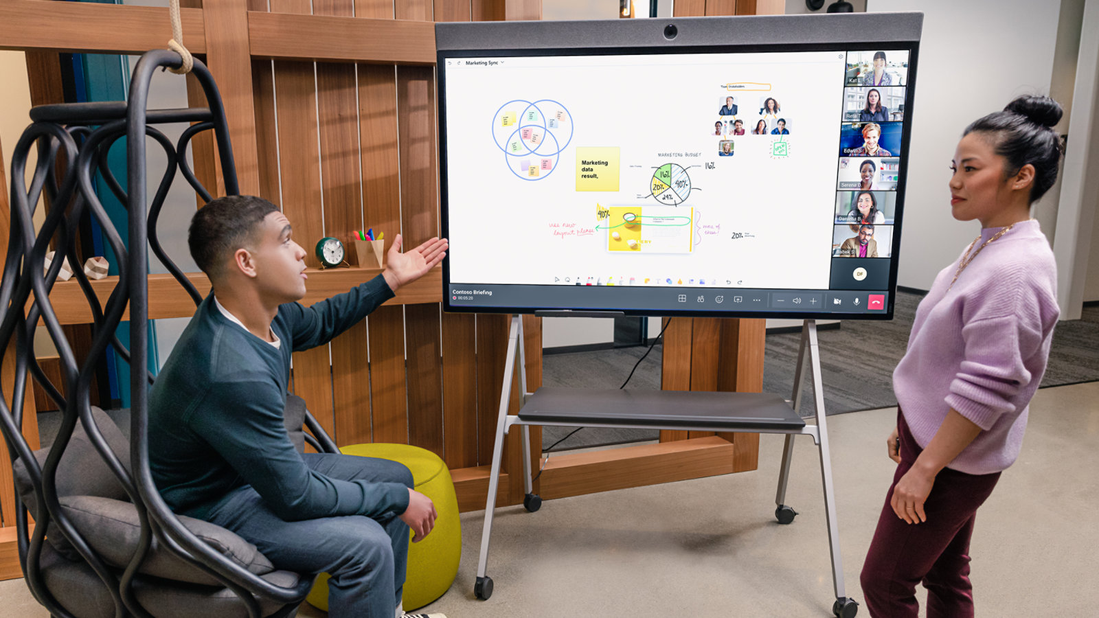 A team uses Surface Hub to collaborate and take notes during a video call.