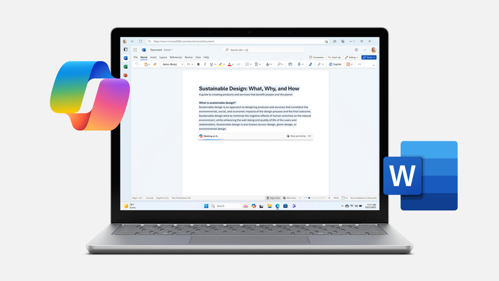 Copilot for Microsoft 365 bruker AI-kraft i et Word-dokument, som foreslår AI-kraften til Surface Laptop 6 for næringslivet.