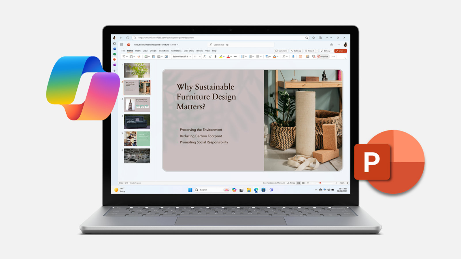 Se muestra una presentación de PowerPoint en la pantalla de un dispositivo Surface Laptop 6 para empresas rodeado por los logotipos de Copilot y PowerPoint, indicando cómo el poder de la IA se puede usar en las apps de Microsoft 365.