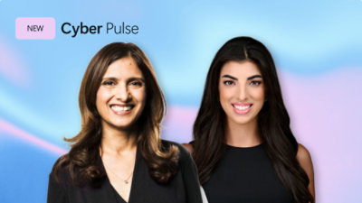 Two professionals standing side by side on a blue gradient background promoting the Cyber Pulse feature.