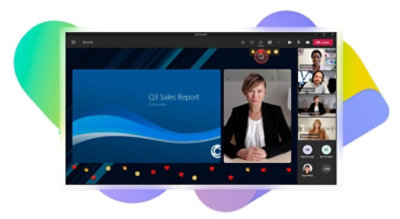Una videollamada de Teams donde un moderador ofrece una presentación titulada Q3 Sales Report.