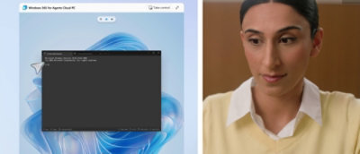 Split-screen view showing a computer terminal window on a desktop interface alongside a person looking at a screen.