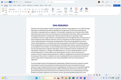 Microsoft Word document titled "DNA RESEARCH" with text describing genetics and DNA.