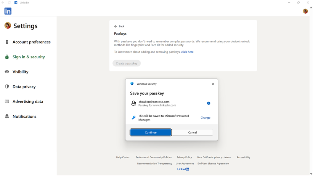 Página de entrada de site com uma caixa pop-up de Segurança do Windows identificando o usuário