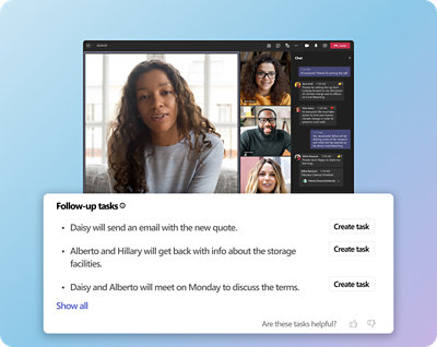 A woman leads a virtual meeting with three colleagues on a desktop screen, including task management interface