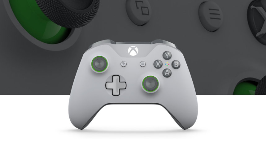 Kontroler bezprzewodowy dla konsoli Xbox widziany z przodu, ze zbliżonym obrazem przycisków kontrolera w tle.