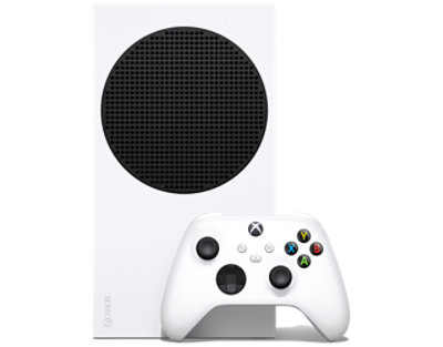 Xbox Series S console with Xbox wireless controller in robot white, facing forward