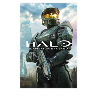 Green-armored futuristic soldier holding a rifle in a sci-fi landscape with alien structures in the background. 