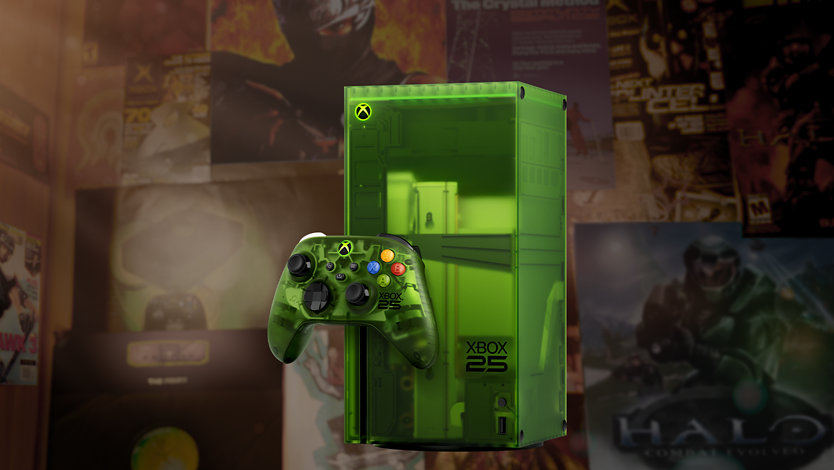 Front angle of  the limited edition XBOX Series X25 in translucent OG Green