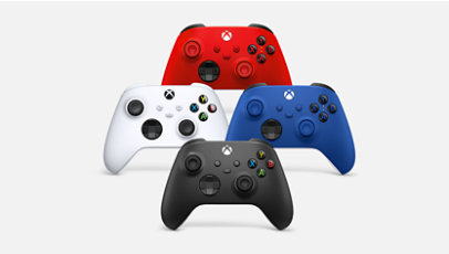 Manettes sans fil Xbox rouges, blancs, bleus et noirs.