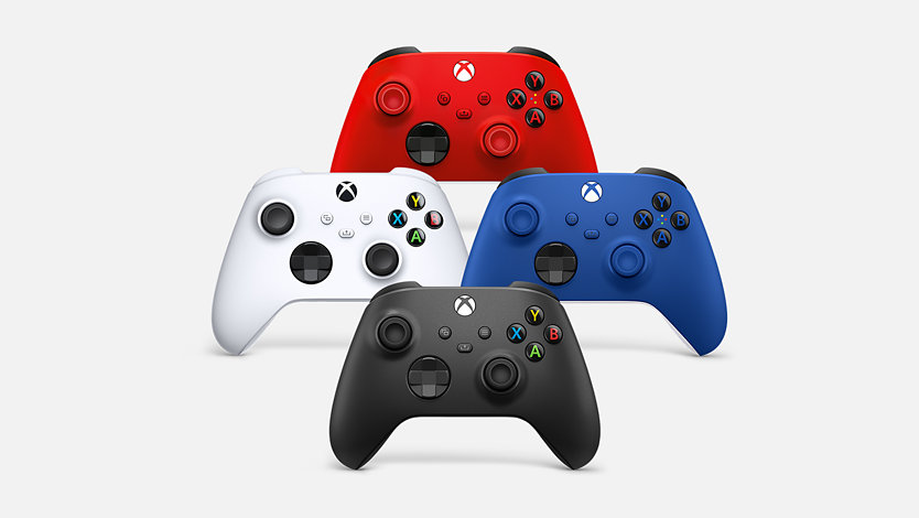 Red, white, blue, and black Xbox Wireless Controllers.