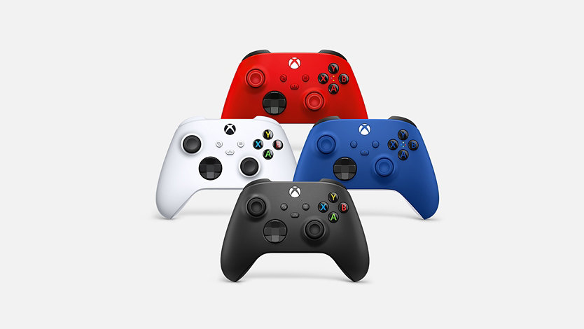 Controller Wireless per Xbox nei colori rosso, bianco, blu e nero. 
