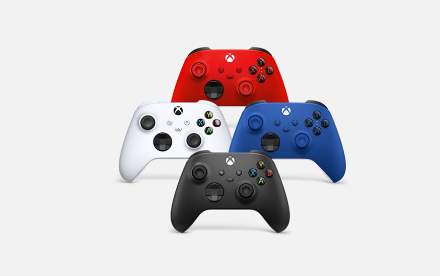 Comandos Sem Fios Xbox em vermelho, branco, azul e preto