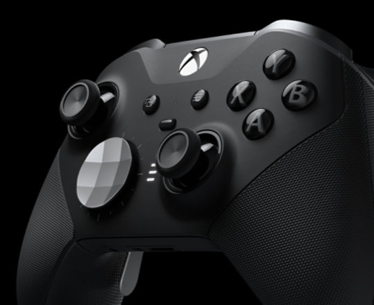 Close up view of the X Box Elite wireless controller's front side in black and gray.