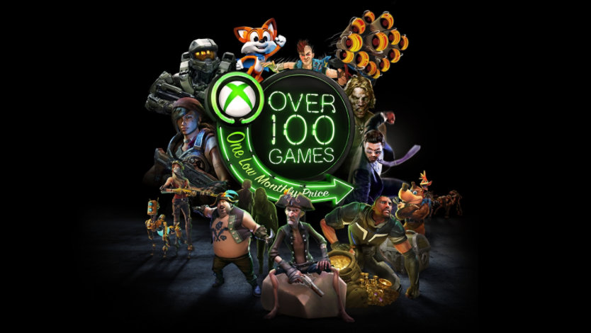 Xbox game characters gathered around a neon Xbox Game Pass sign.