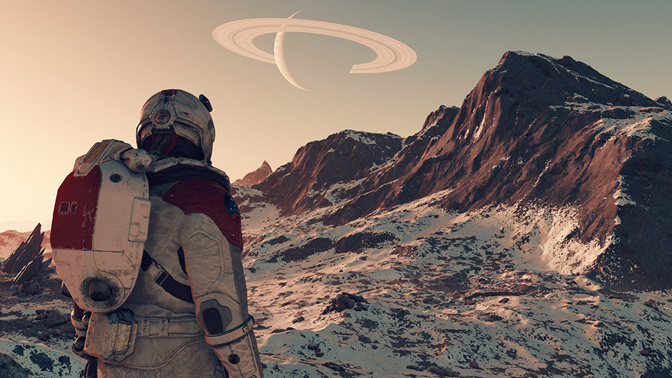 Vista posterior de um astronauta a observar uma paisagem montanhosa no jogo Starfield. 