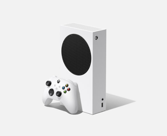 Console Xbox Series S com Xbox Wireless Controller em branco robótico.