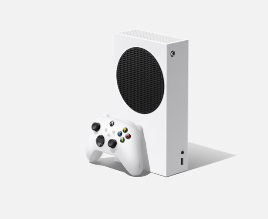 Xbox Series S console with Xbox wireless controller robot white, facing left with grey background 