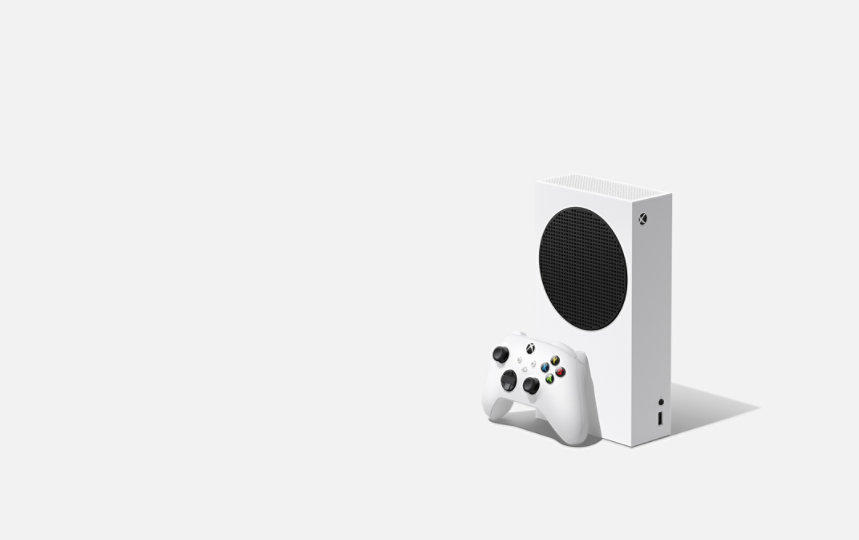 Xbox Series S console with Xbox wireless controller robot white, facing left with grey background 