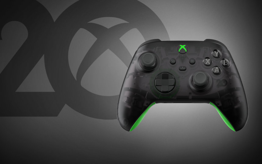 Close up of  the 20th Anniversary Special Edition Xbox Wireless Controller in black.