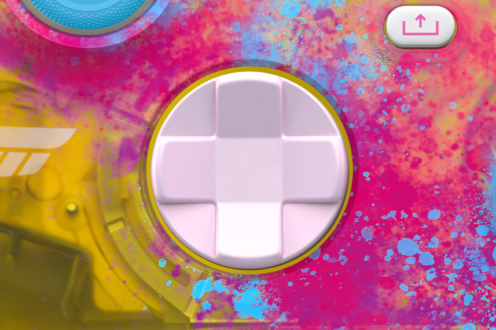 Close up of the controller's share button on a pink, yellow and blue splatter-paint finish.