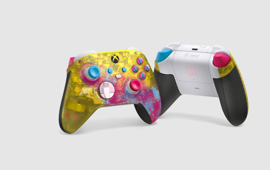 Dos mandos inalámbricos Xbox Forza Horizon 5 Edición limitada con colores artísticos amarillo, rosa y blanco.